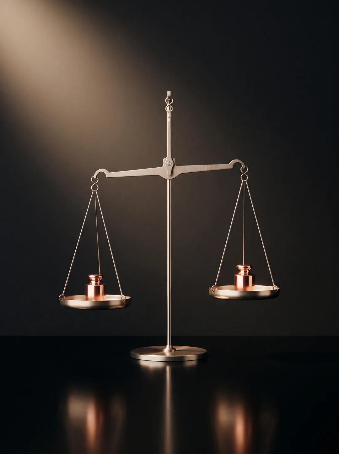 A precision balance beam held in perfect equilibrium by two polished copper weights.
