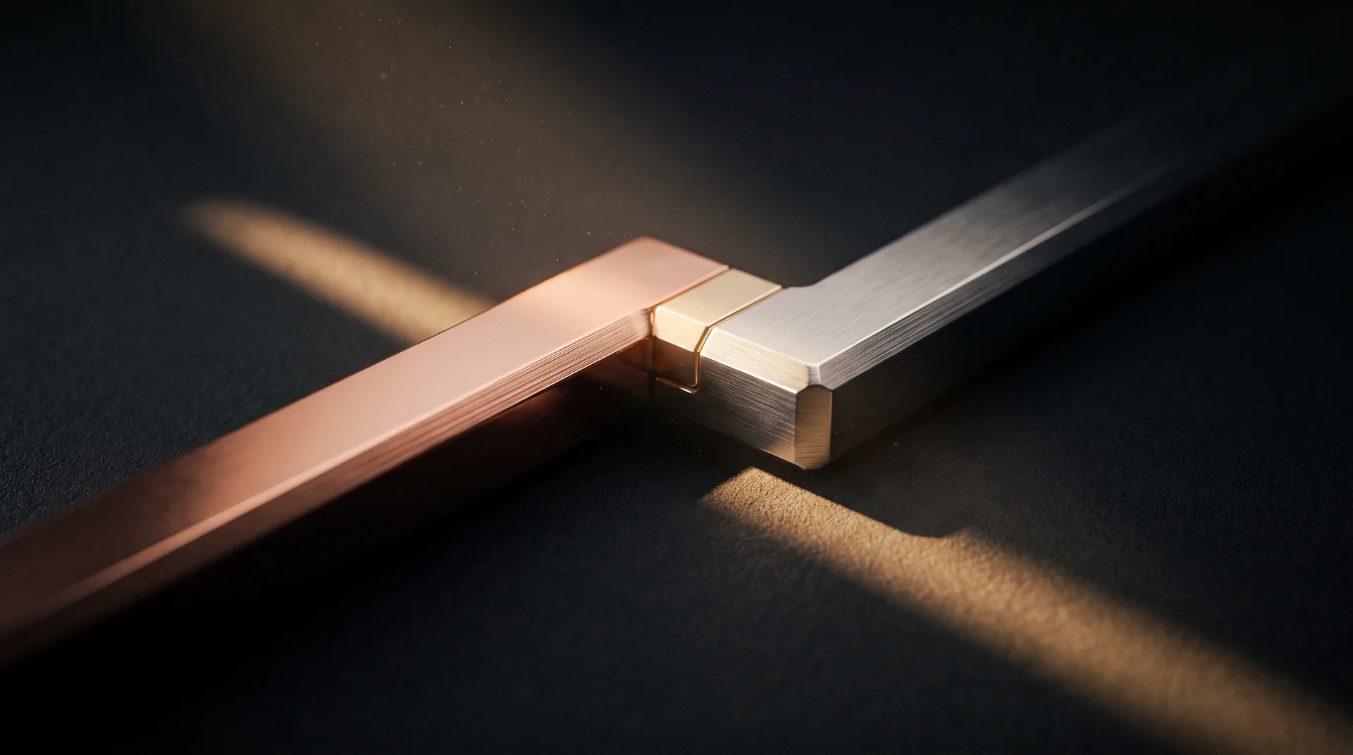 A copper bar and a brushed-steel bar precision-joined by a brass coupling under a single shaft of light.
